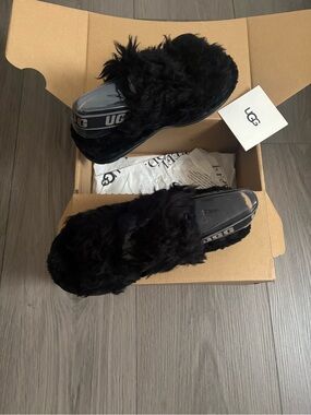 UGG Black Fuzzy Slide with Logo Sole